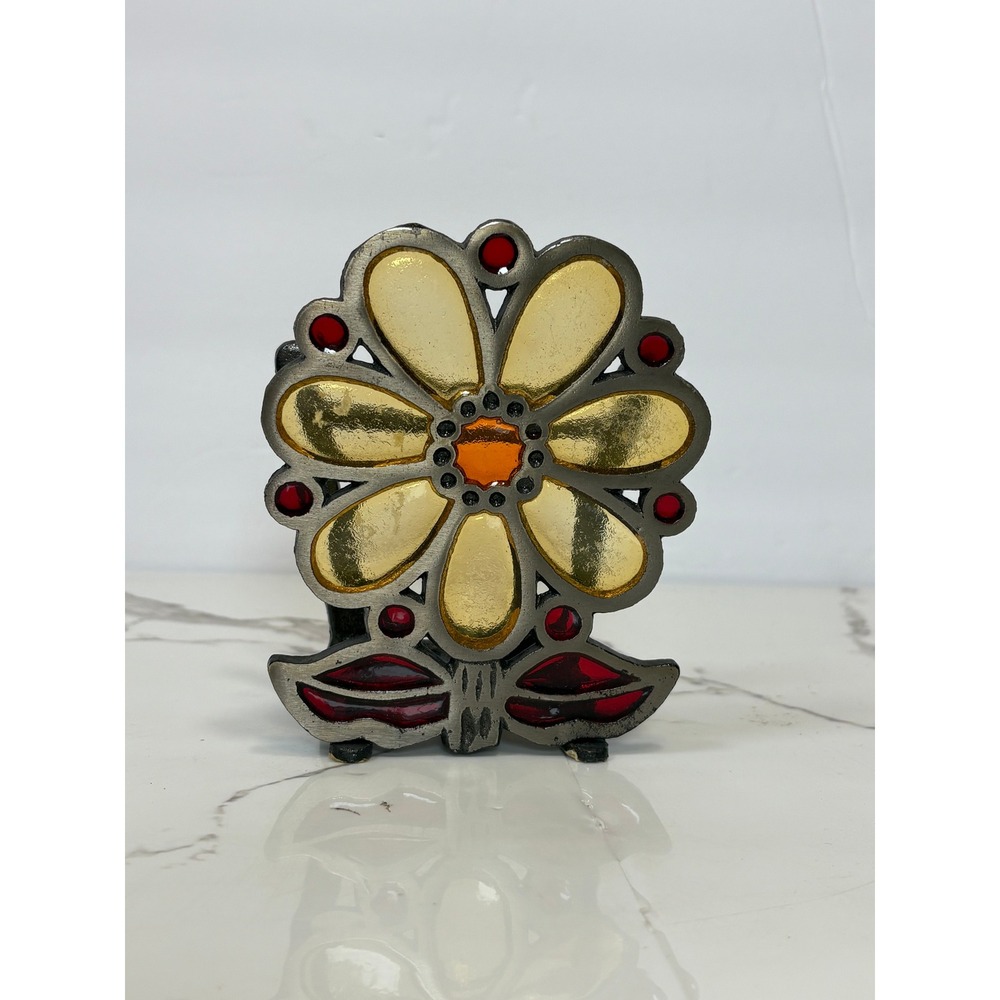 Vintage Cast Iron Flower Napkin Holder Stained Glass Style Resin Amber Red Gray